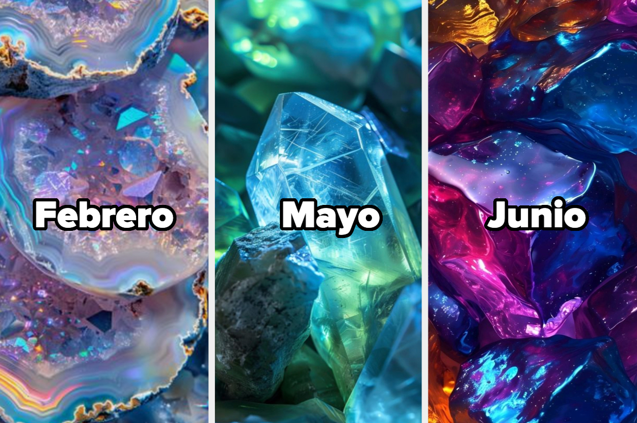 Imagen dividida en tres secciones con cristales brillantes que representan los meses de febrero, mayo y junio