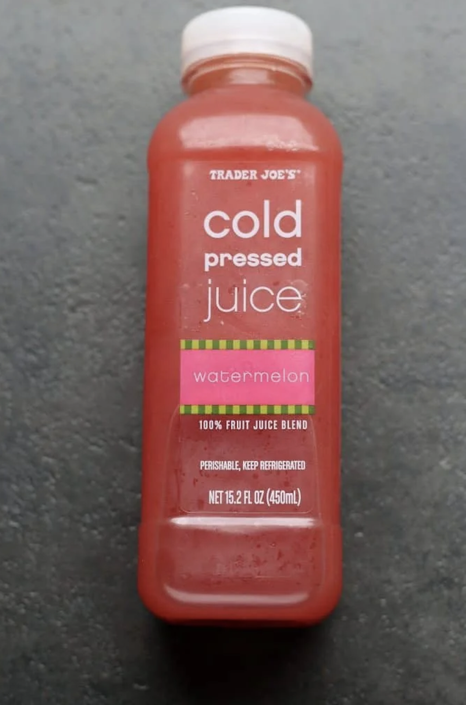 Trader Joe's cold-pressed watermelon juice bottle, labeled &quot;100% fruit juice blend&quot;, 15.2 fl oz (450 ml)