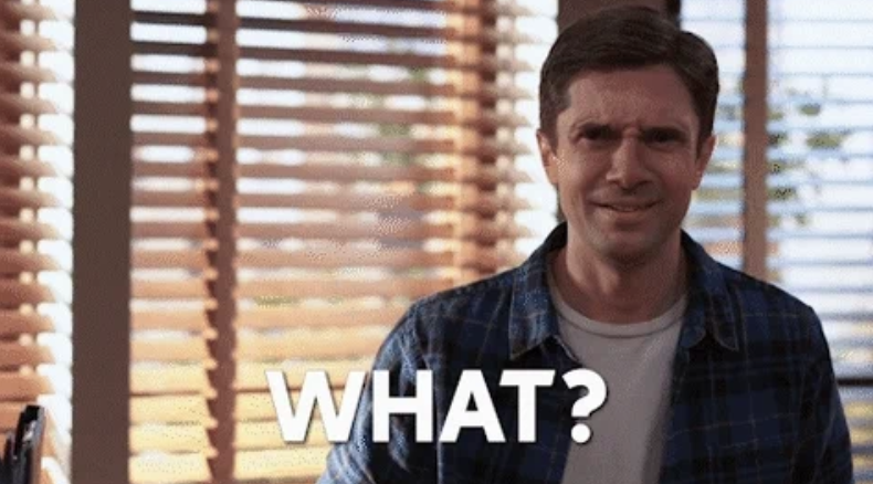 Topher Grace looks puzzled in a plaid shirt with blinds in the background. Text overlay: "WHAT?"