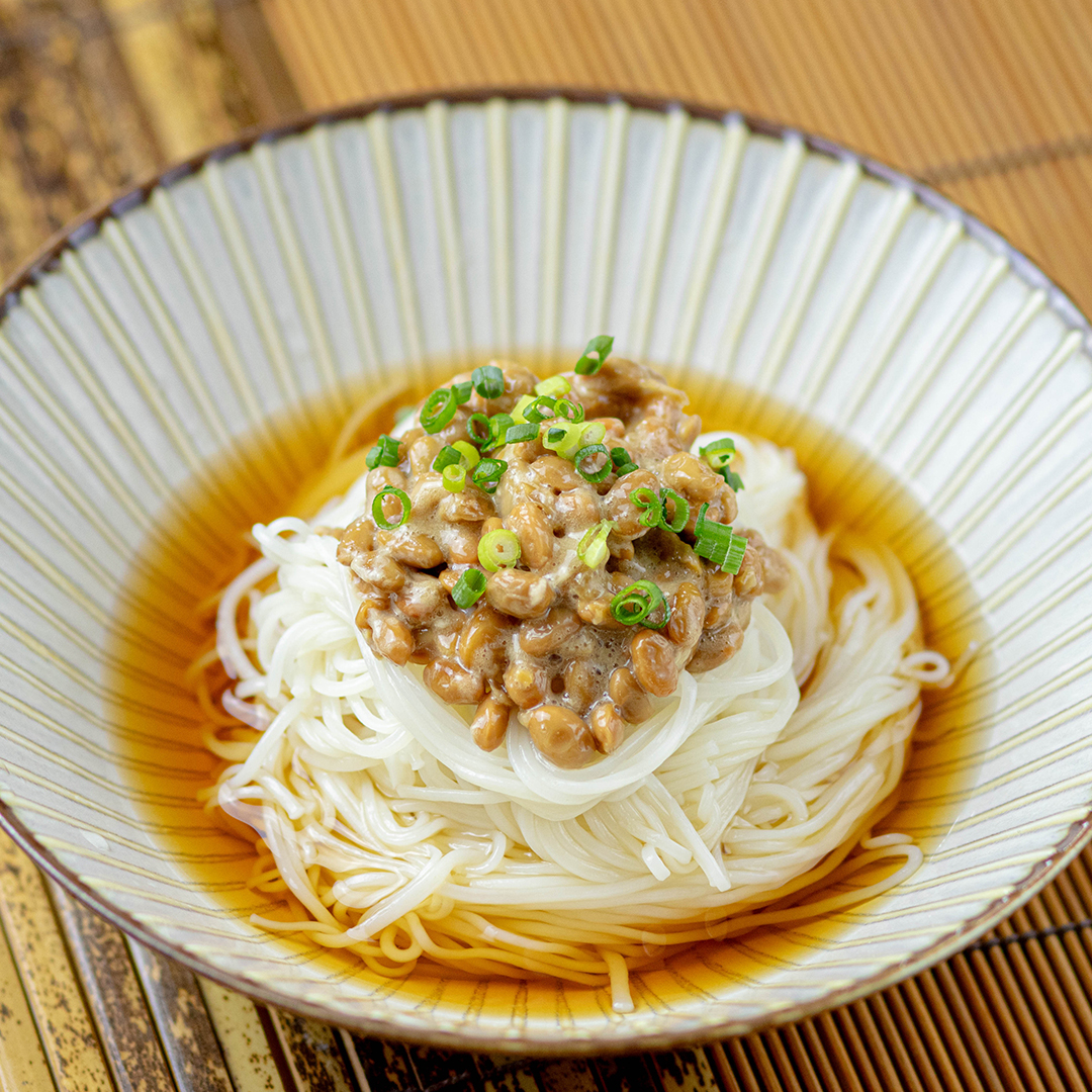 和風の器に盛り付けられた冷製うどん、納豆とねぎがトッピングされている。