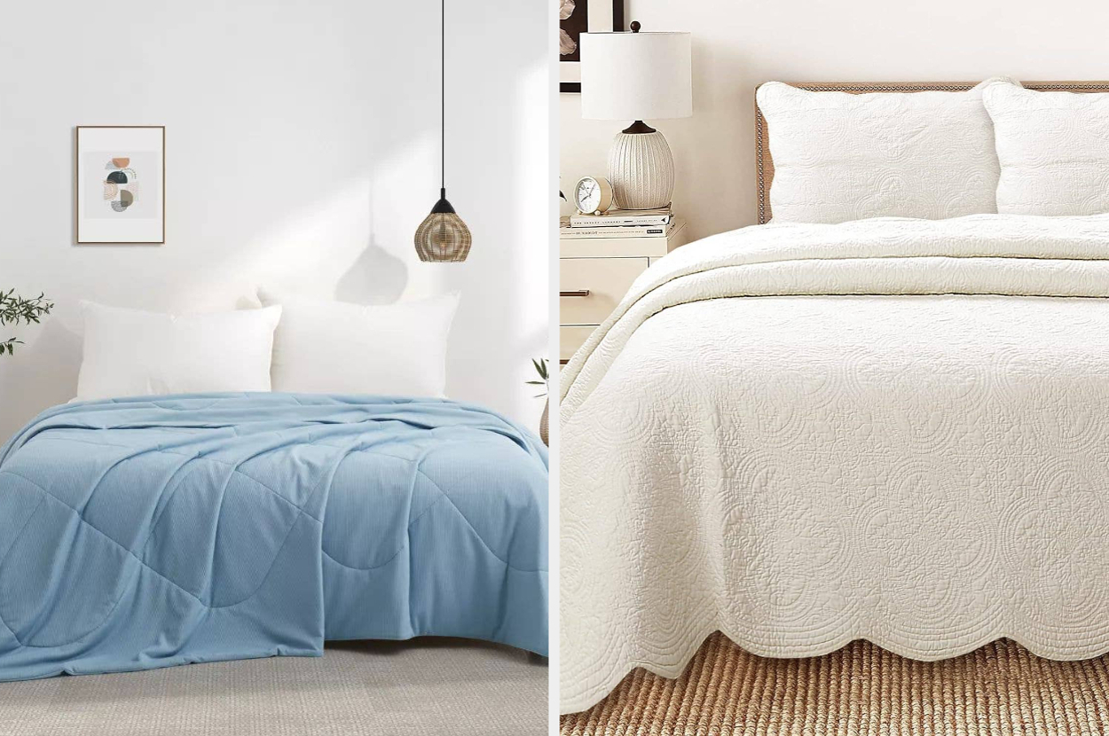 On the left, a bed with a neatly arranged blue quilt and white pillows; on the right, a bed with white textured bedding and matching pillows