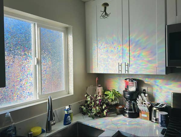 Kitchen window with prismatic film casting colorful light patterns on cabinets and counter; plants, cooking appliances, and kitchen gadgets are on the counter