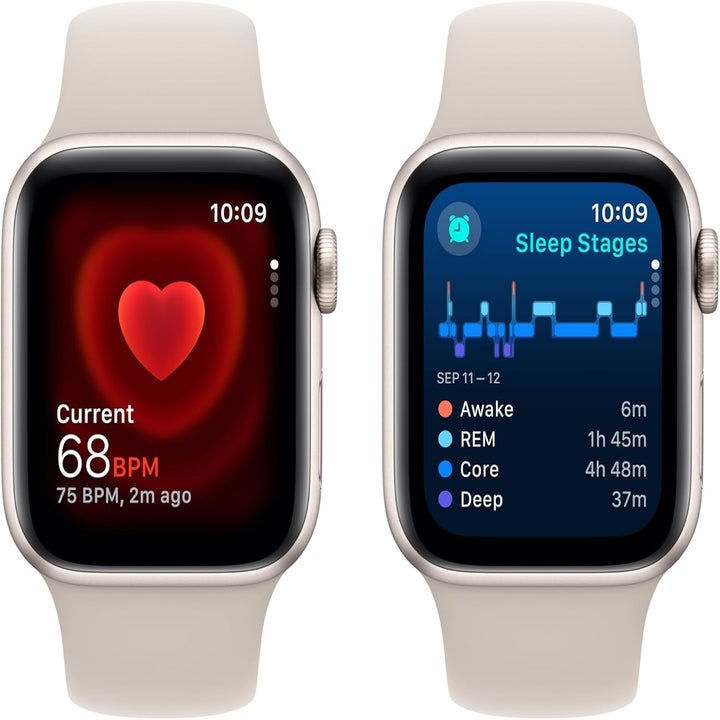 Two smartwatches displaying health  left shows a heart rate of 68 BPM, right shows sleep stages with detailed times for Awake, REM, Core, and Deep stages