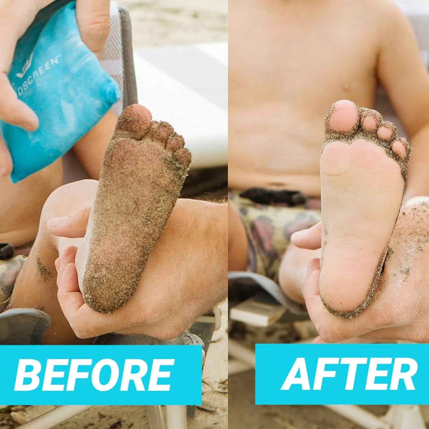 A person holding a child's foot covered in sand labeled "Before" and a clean foot labeled "After" with the use of a product