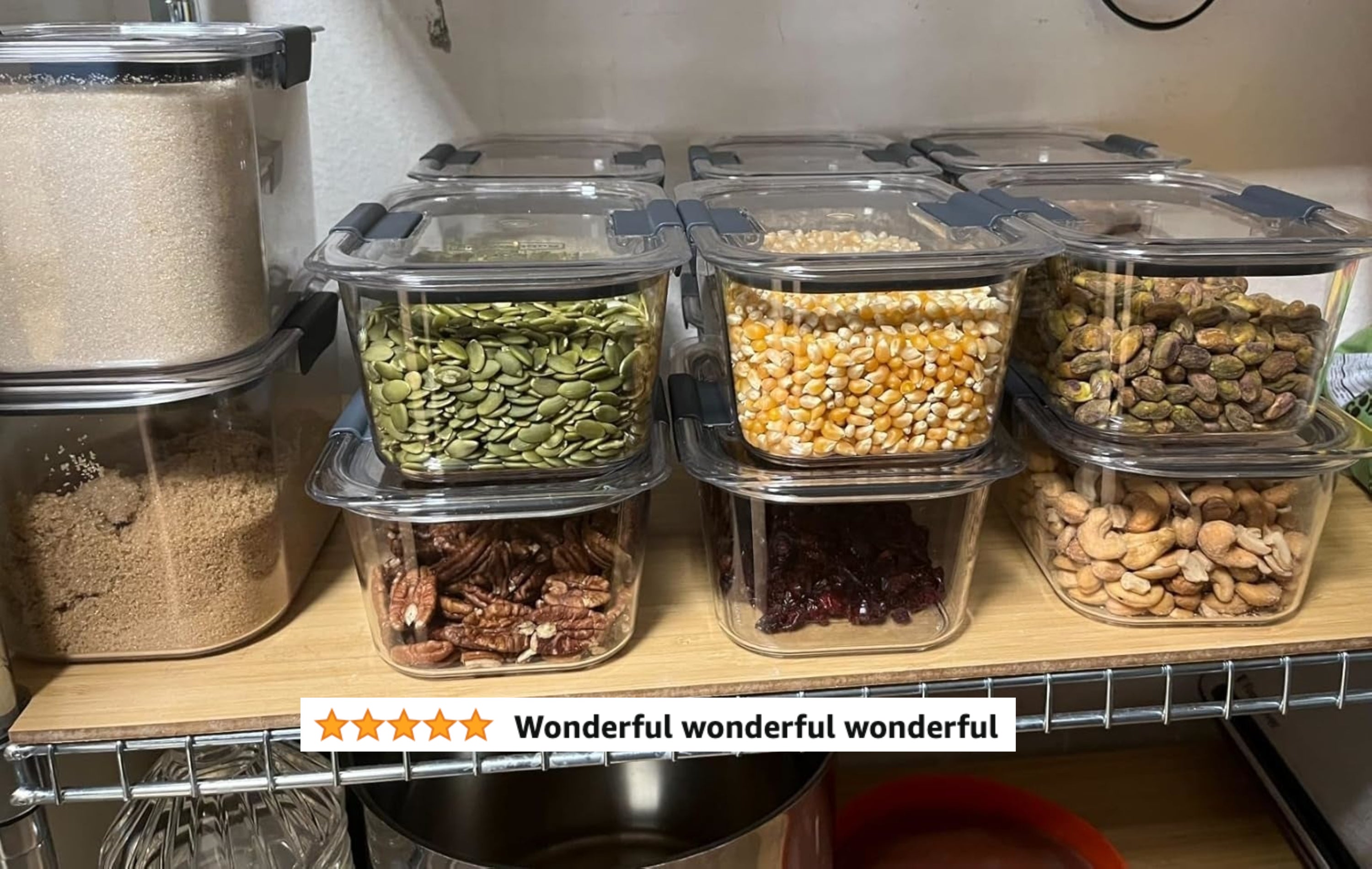 Various kinds of adust  goods successful  wide   containers, including brownish  sugar, pumpkin seeds, popcorn kernels, pistachios, pecans, cranberries, and cashews connected  a shelf