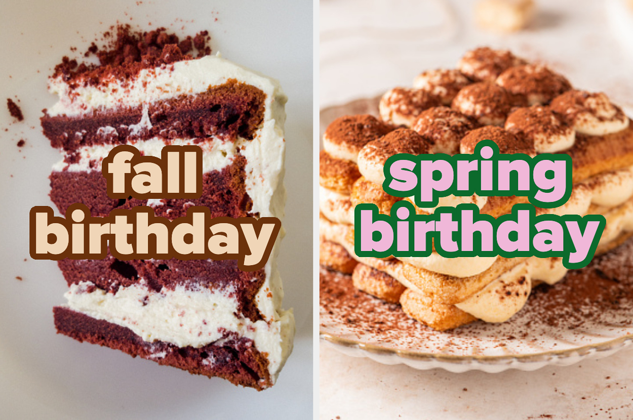Two images of cakes labeled "fall birthday" with red velvet cake and "spring birthday" with a layered tiramisu cake