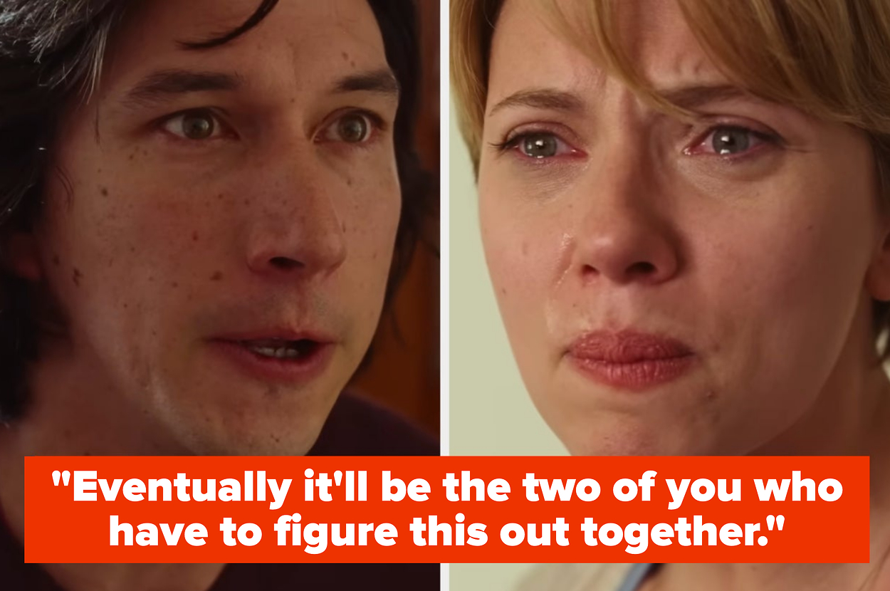 Adam Driver and Scarlett Johansson with emotional expressions from a scene in the movie Marriage Story. Text overlay reads: Eventually it'll be the two of you who have to figure this out together