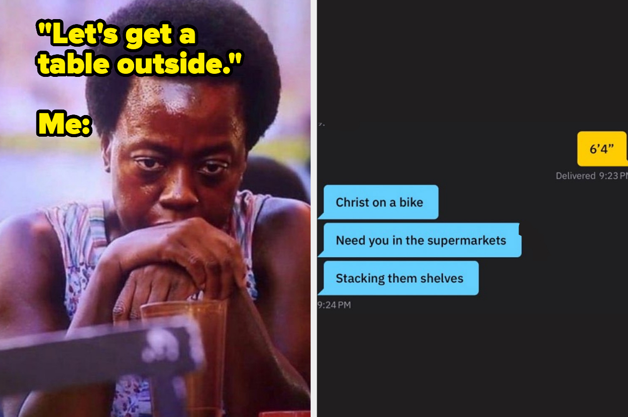Person looks tired and unenthusiastic next to an image of chat messages humorously comparing the person's height to needing help stacking shelves in supermarkets