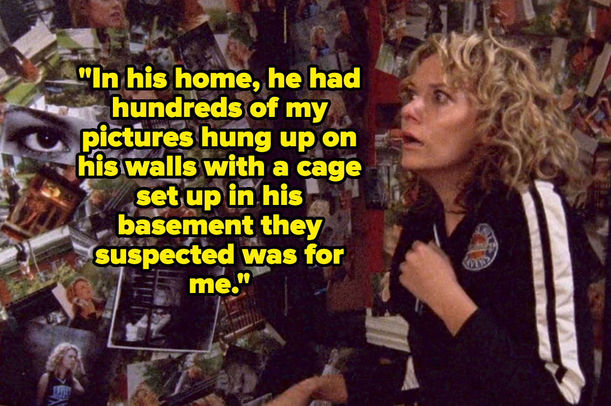 A woman looks shocked as she sits among many photos on a wall. Text reads: "In his home, he had hundreds of my pictures hung up on his walls with a cage set up in his basement they suspected was for me."
