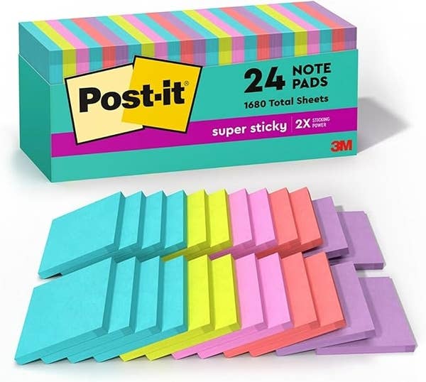 Post-it Super Sticky Note Pads, 24 pack with 1680 total sheets, in various colors including yellow, pink, green, blue, and purple, on display