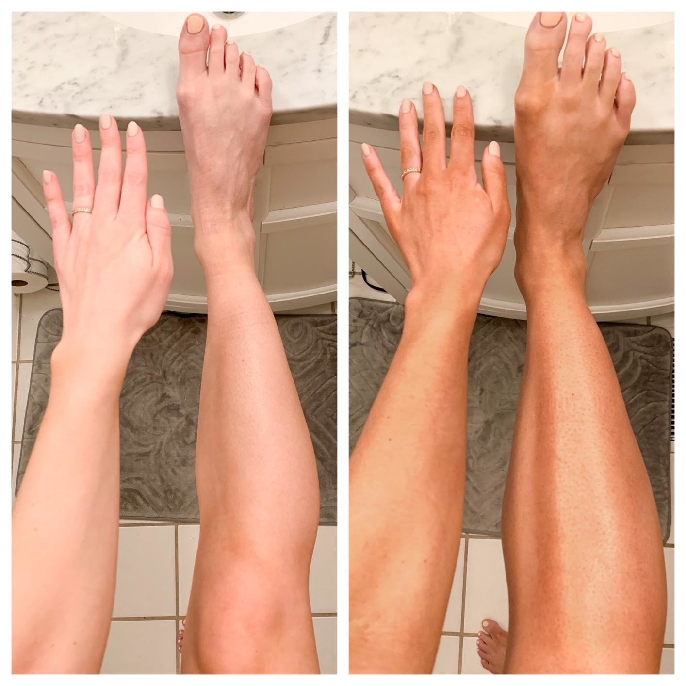 A before-and-after image showing a comparison of a reviewer's hand, arm, leg, and foot before and after using a tanning product