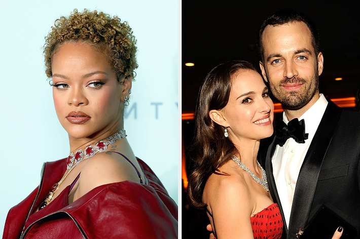 Left: Rihanna in a stylish off-shoulder red outfit. Right: Natalie Portman in a strapless red dress posing with her husband Benjamin Millepied in a tuxedo