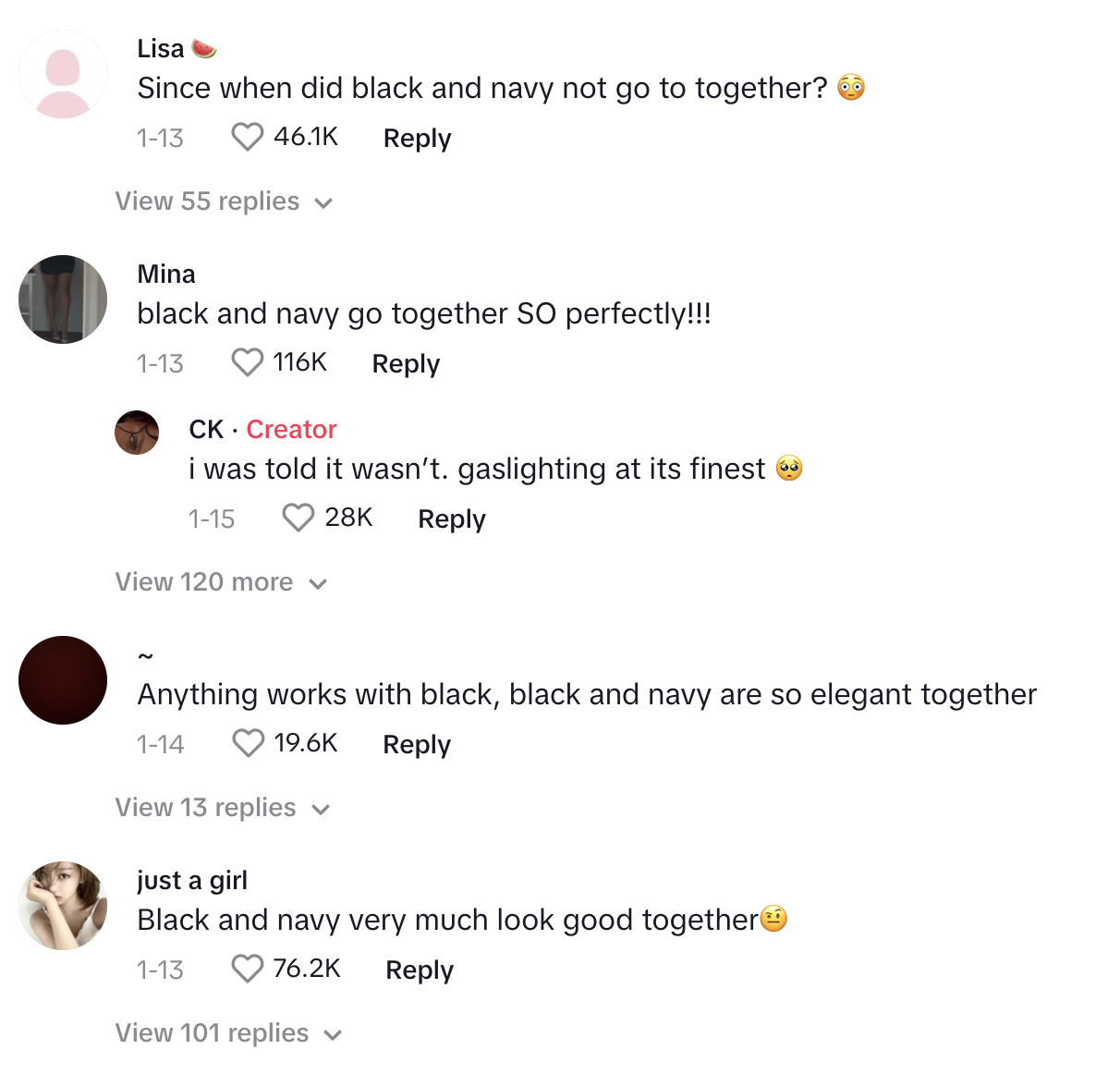 A TikTok post by Lisa asking about black and navy together sparks comments from Mina, CK (Creator), and others supporting the fashion combo