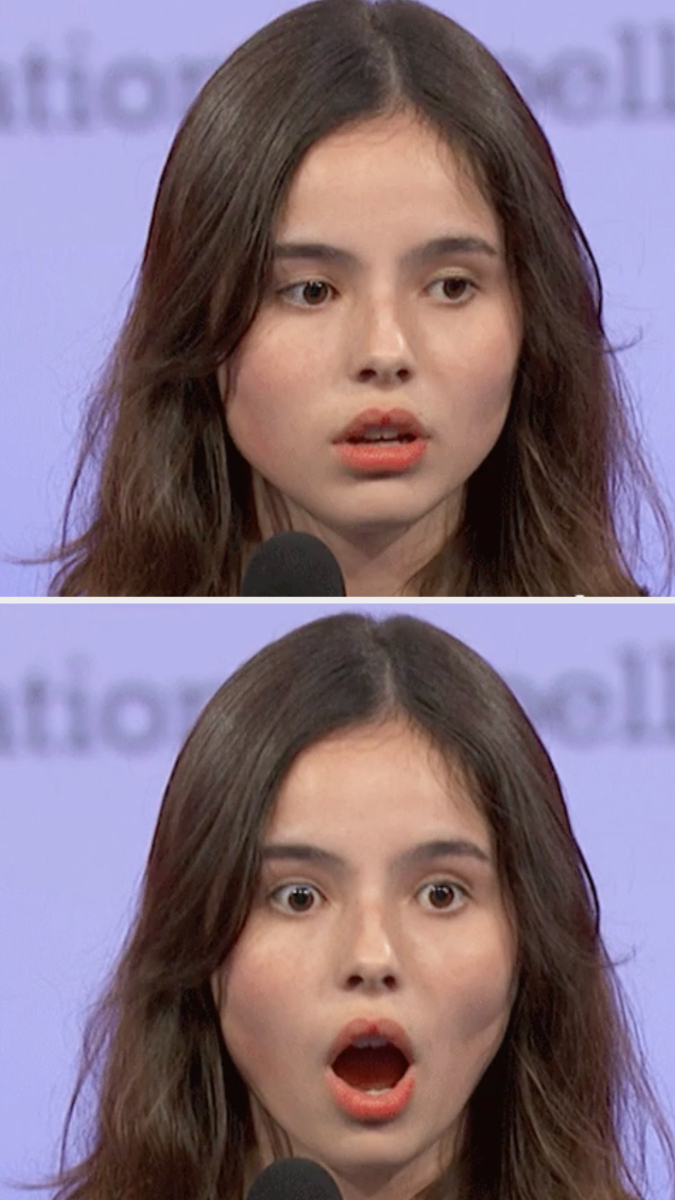 Two expressions of a woman speaking at an event: first with a neutral expression, then with an open mouth, showing surprise. Names unknown