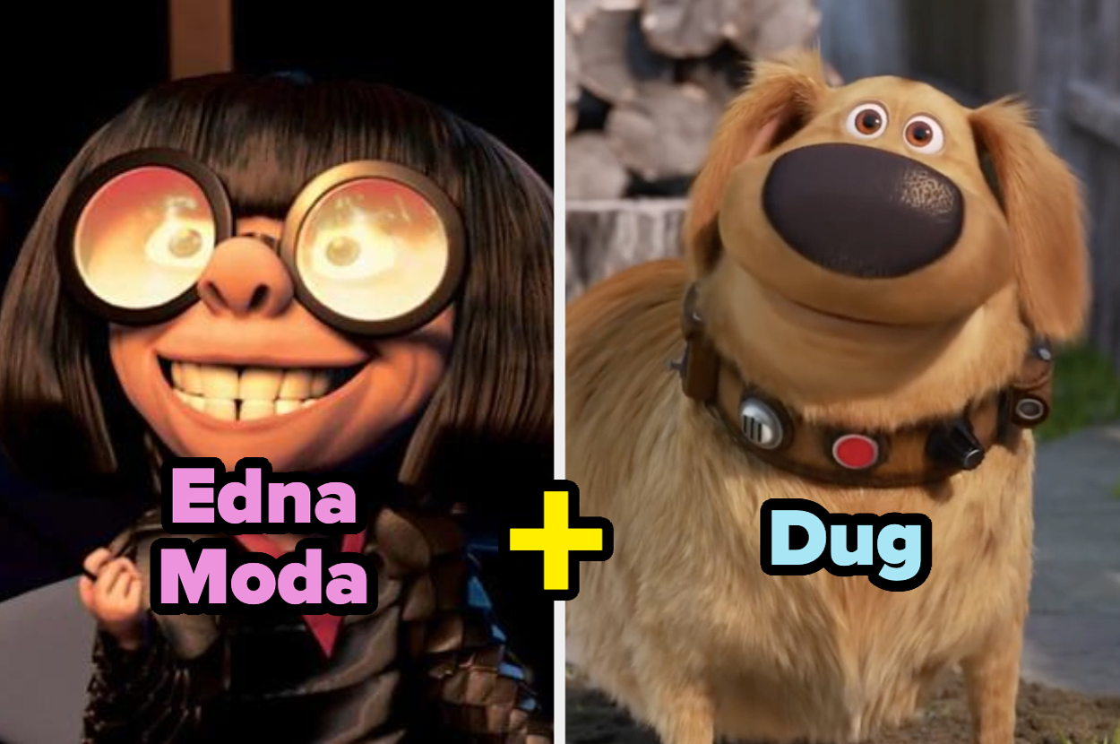 Edna Moda y Dug, dos personajes animados, están mostrando sus expresiones faciales con una gráfica que los une con un signo más en el centro