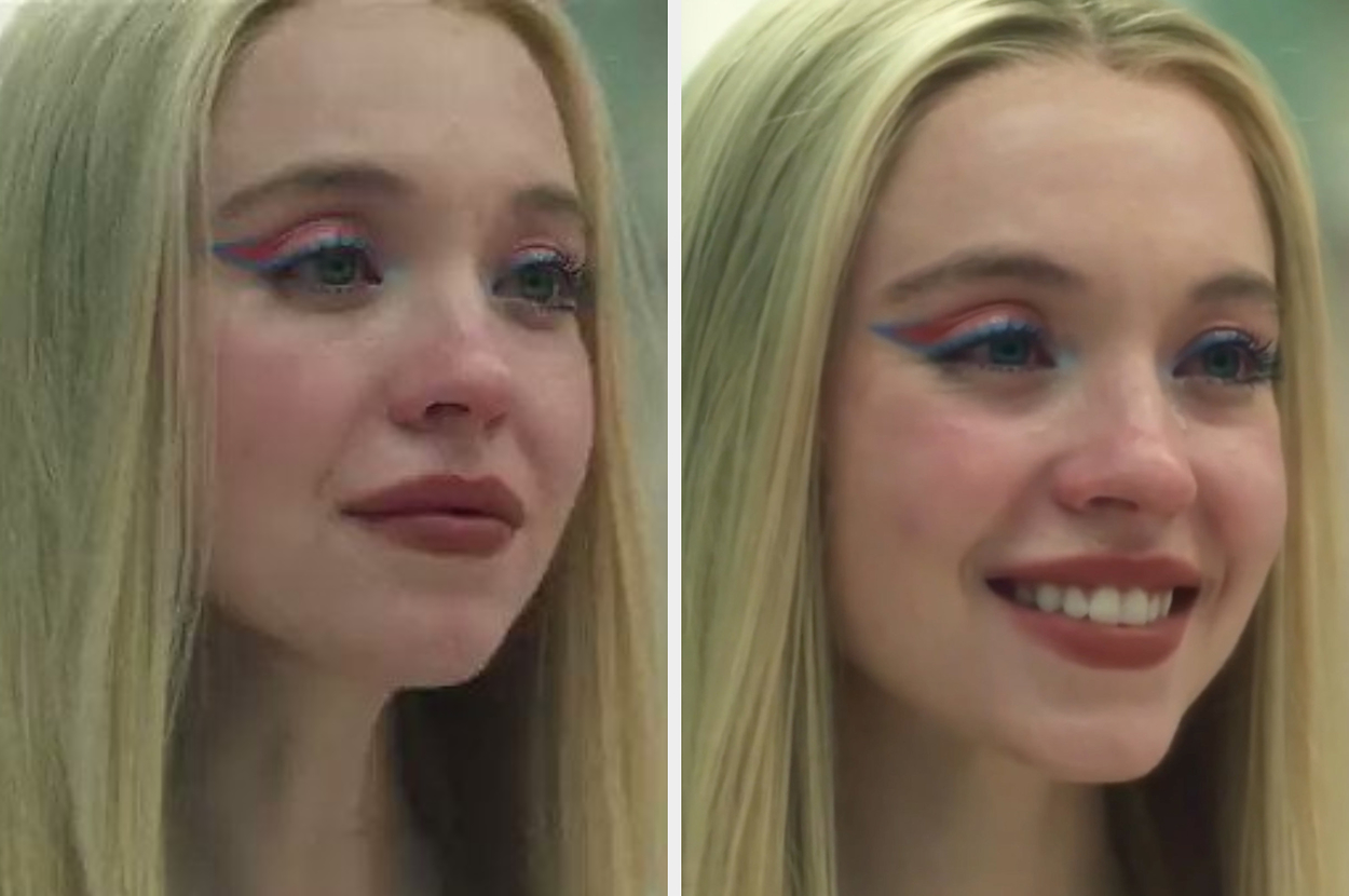 Two close-up images of Sydney Sweeney side by side, showing different facial emotions; one sad and one smiling, highlighting her colorful eye makeup