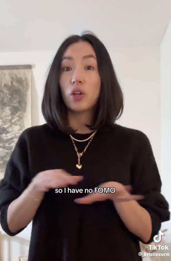 Kristie talking with on-screen text saying, so I have no FOMO