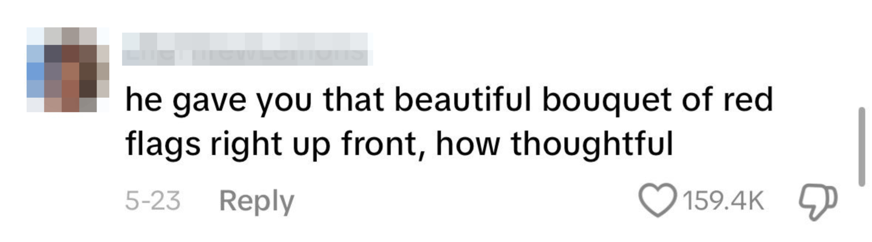 A comment that reads: "he gave you that beautiful bouquet of red flags right up front, how thoughtful," with 159.4K likes