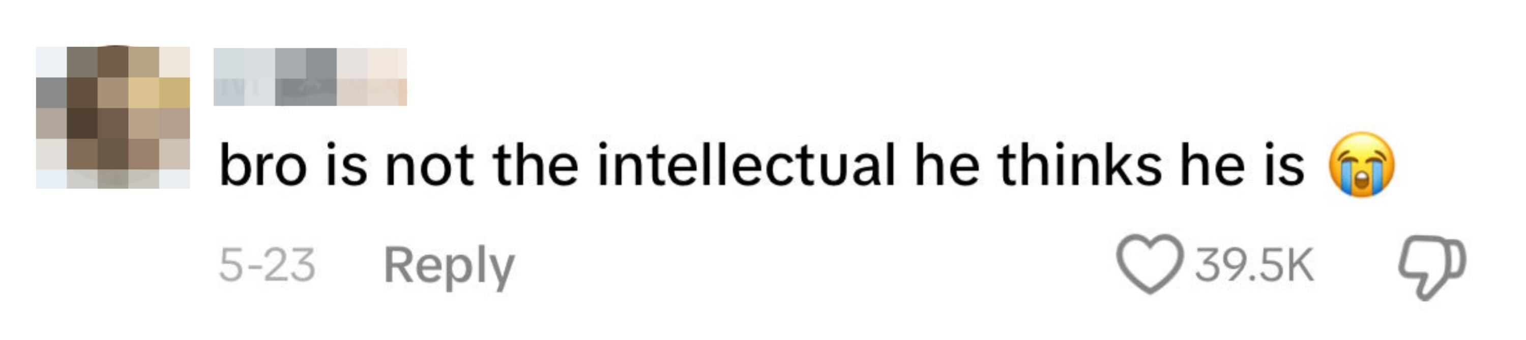 Comment text reads: "bro is not the intellectual he thinks he is" with 39.5K likes and 23 replies