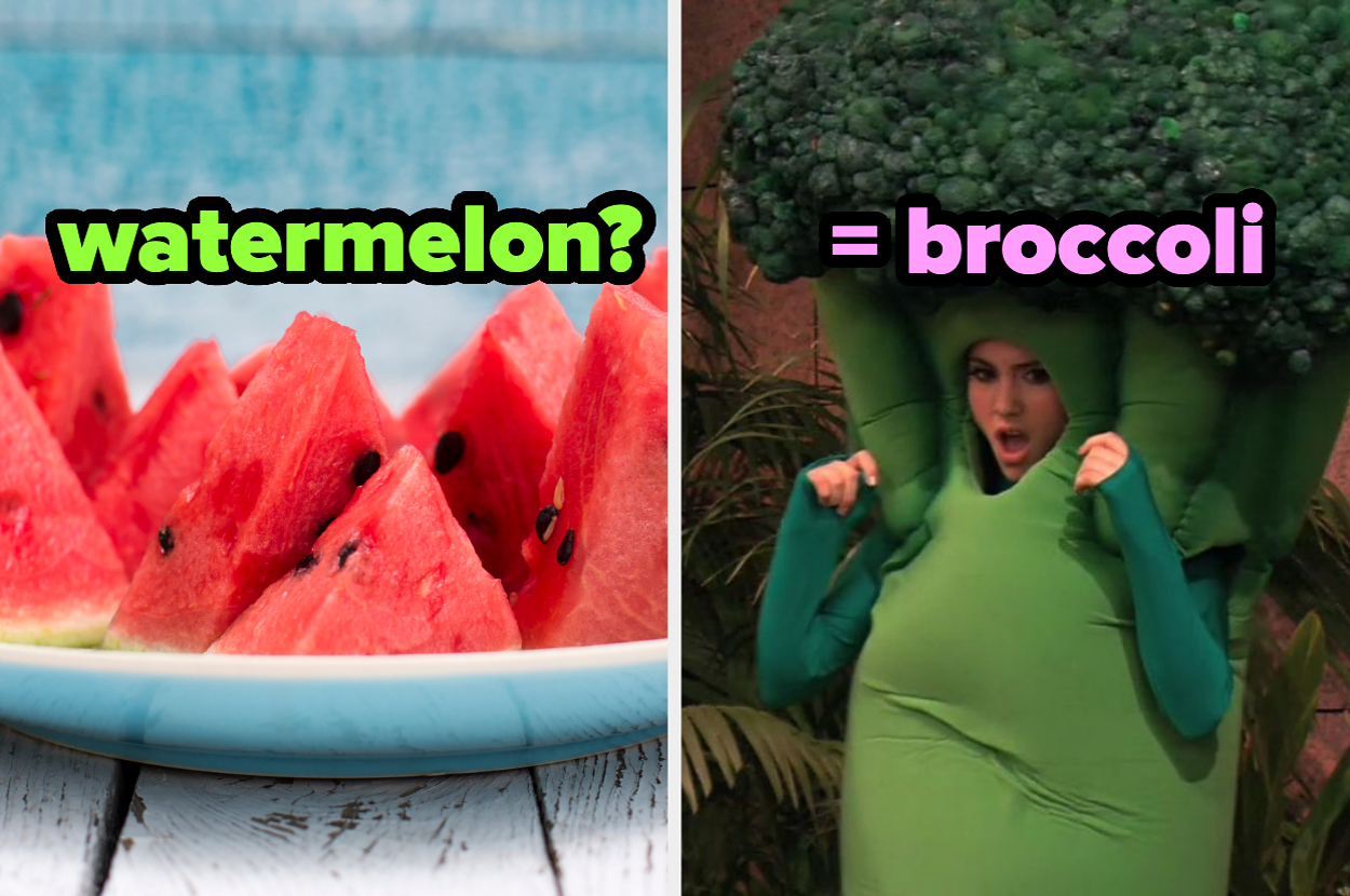 Left: Plate of watermelon slices with text "watermelon?". Right: Person in broccoli costume with text "= broccoli"