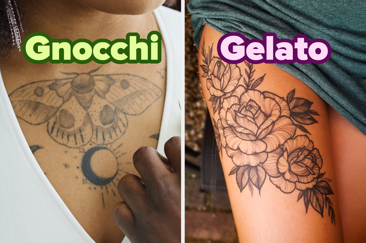 Side-by-side image showing two tattoos: on the left, a chest tattoo of a moth with 'Gnocchi' text; on the right, a thigh floral tattoo with 'Gelato' text
