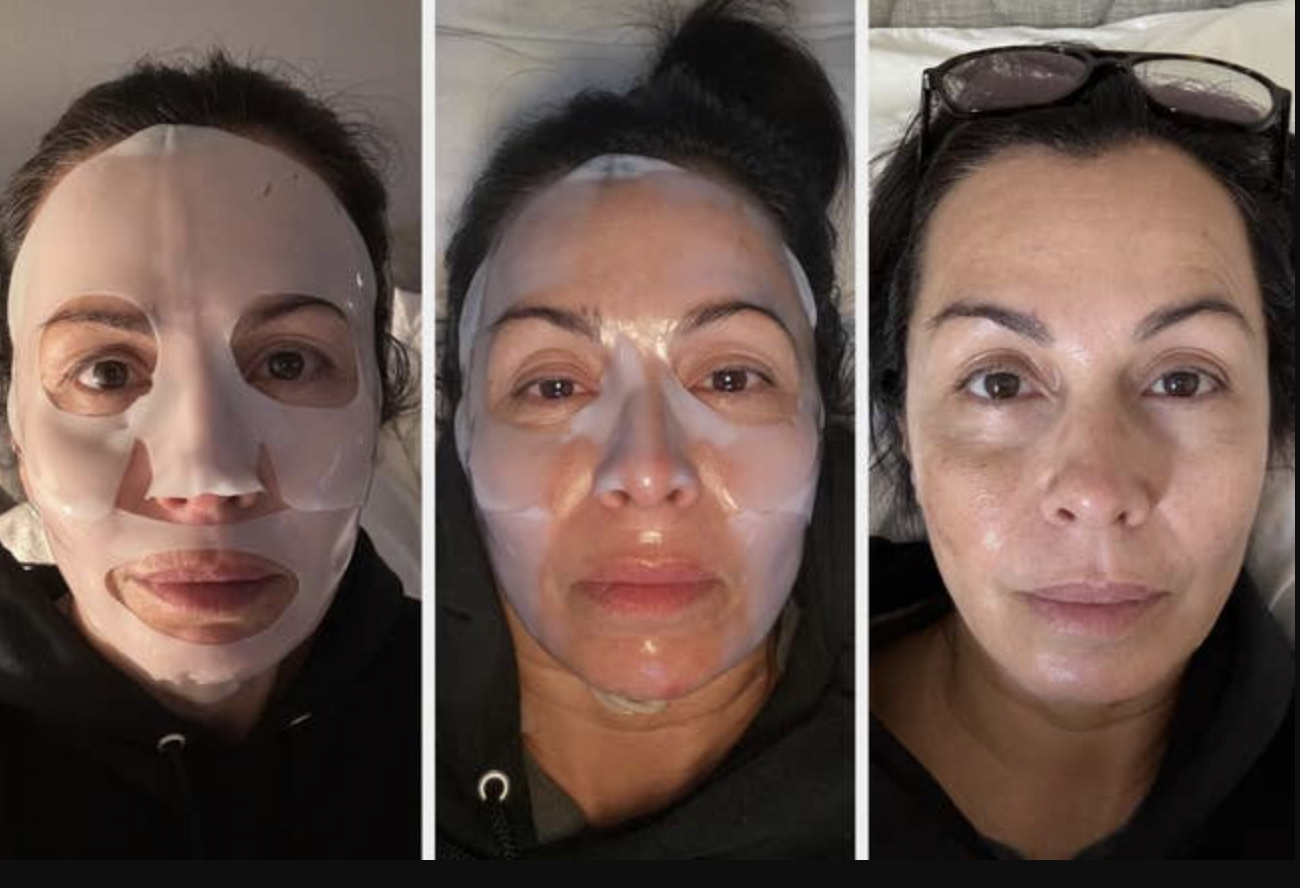 reviewer in three side-by-side images showcasing the application and results of a face mask