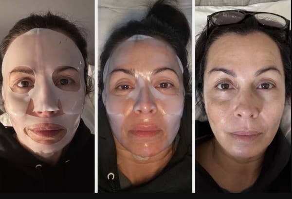 reviewer in three side-by-side images showcasing the application and results of a face mask