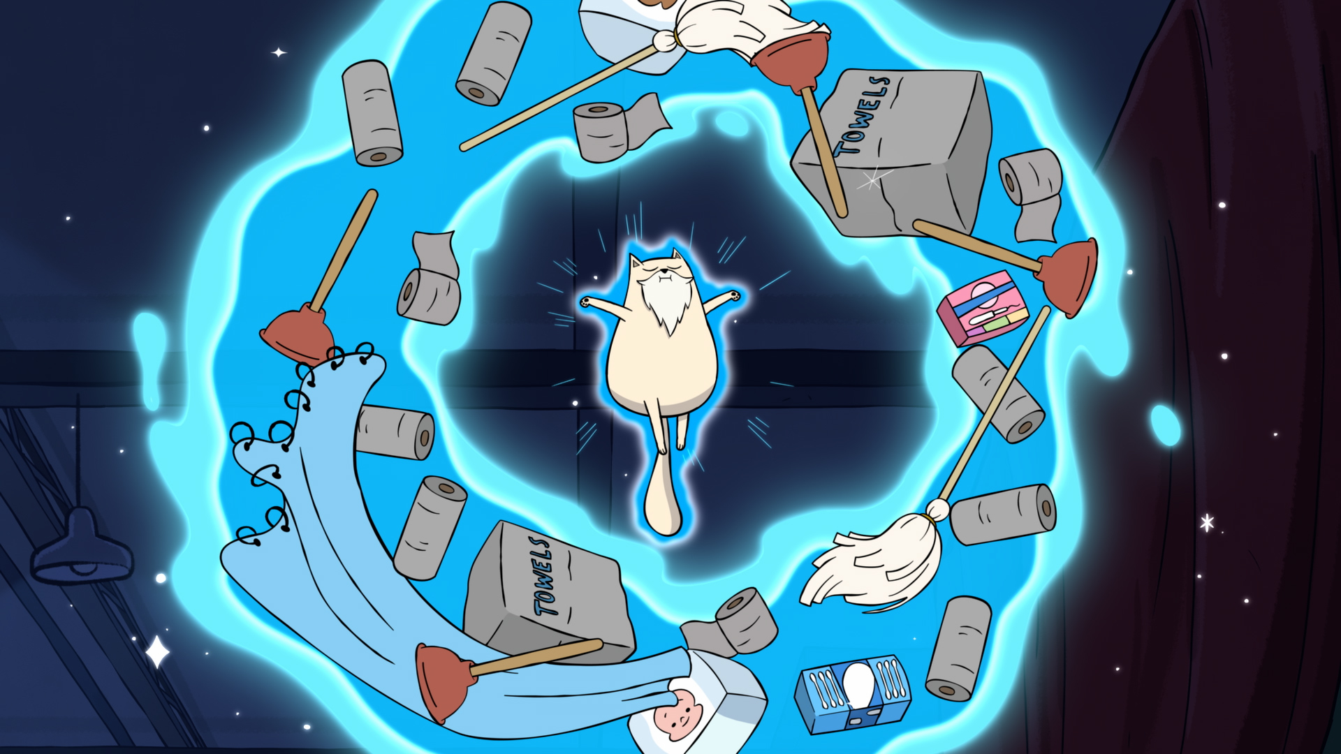 Cat floating in a glowing blue ring, with various household items like paper towels, plungers, cleaning supplies, and mops surrounding it