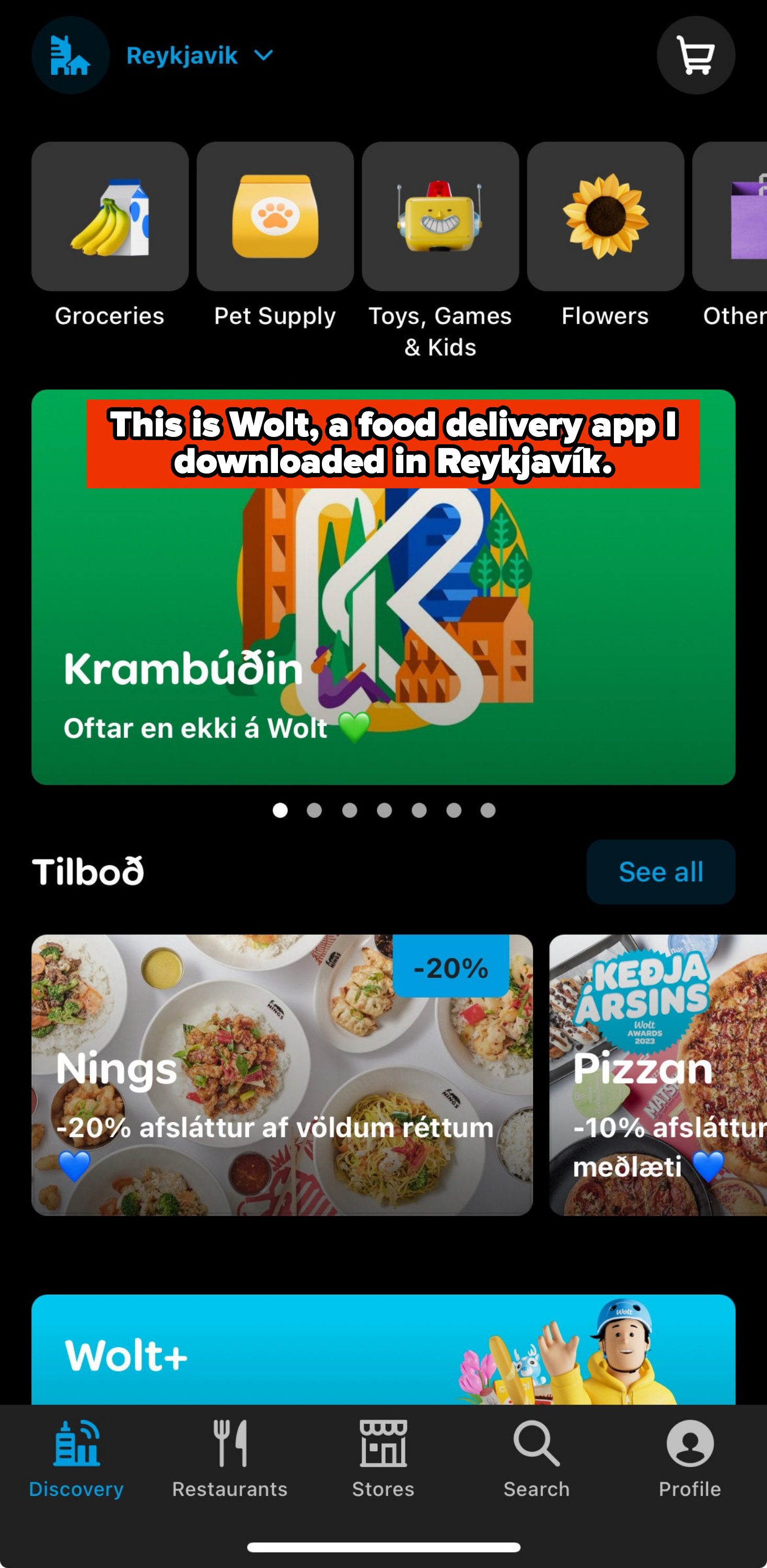 A mobile app interface with categories for groceries, pet supplies, toys, flowers, and more. Featured segment advertises 'Krambúðin,' with various offers and discounts displayed