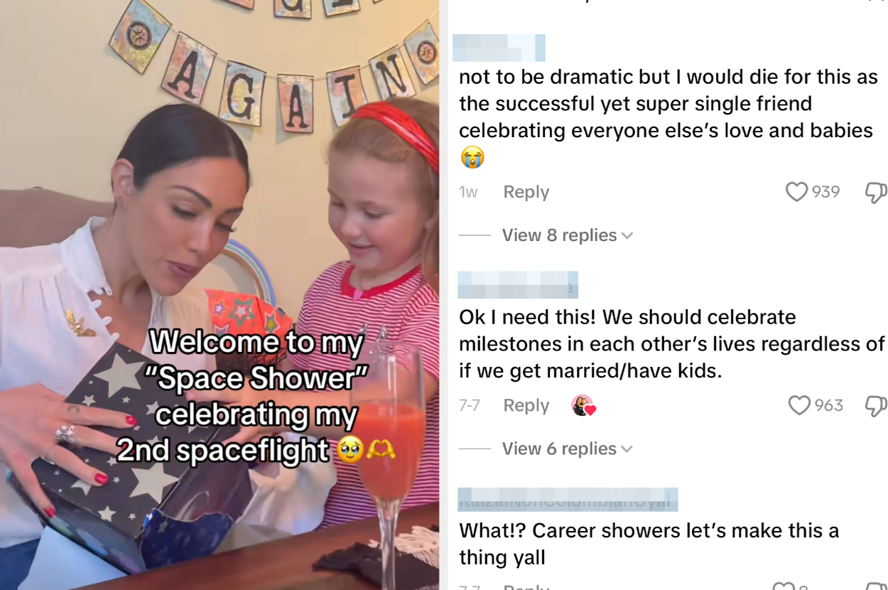 Kellie Gerardi celebrates 2nd spaceflight with a career shower, featuring banner and gift. Social media comments react to her celebration