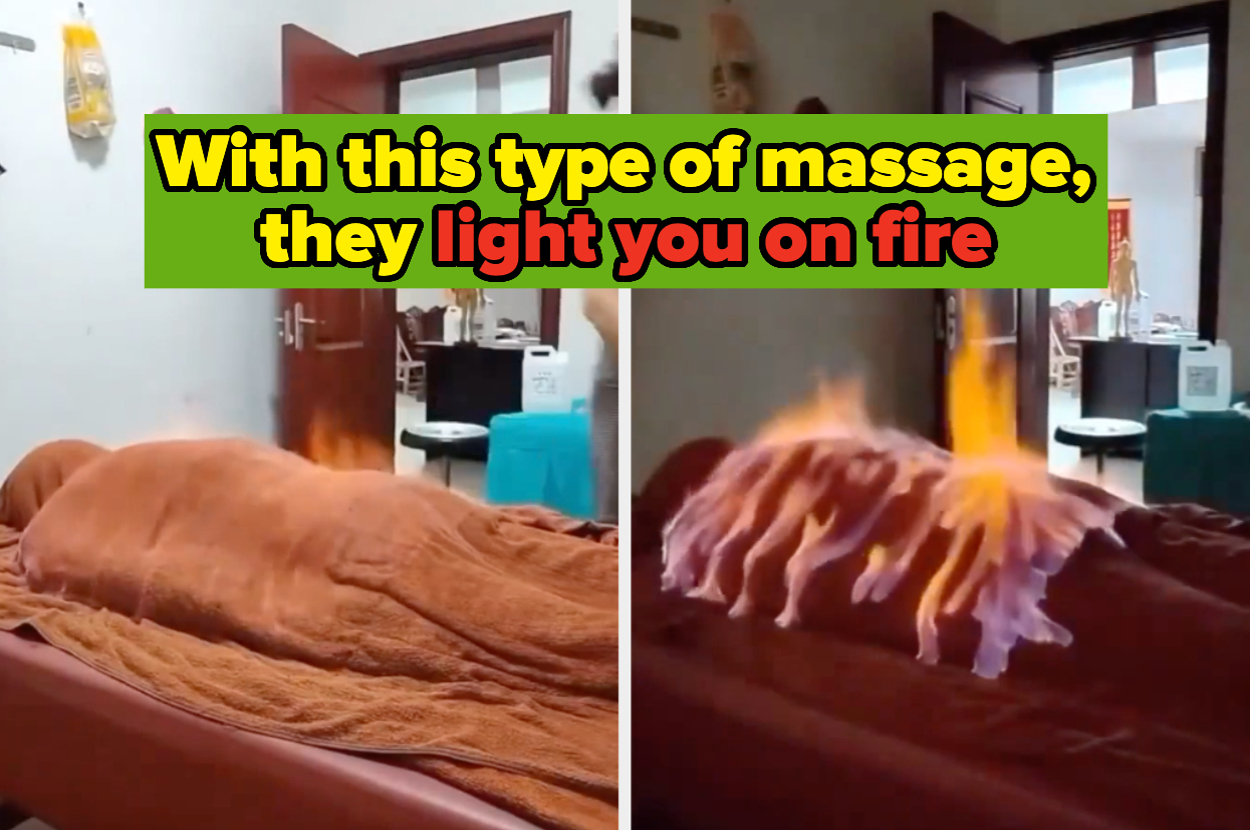 Person lying on a massage table covered with a towel; flames appear on their back during a fire massage treatment; text on image: "With this type of massage, they light you on fire."