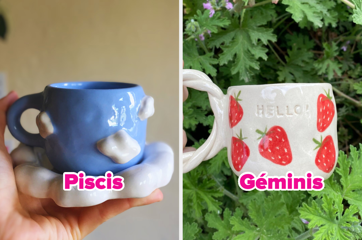 Tazas de cerámica con diseños únicos, una azul con nubes etiquetada como "Piscis," y otra blanca con fresas etiquetada como "Géminis."