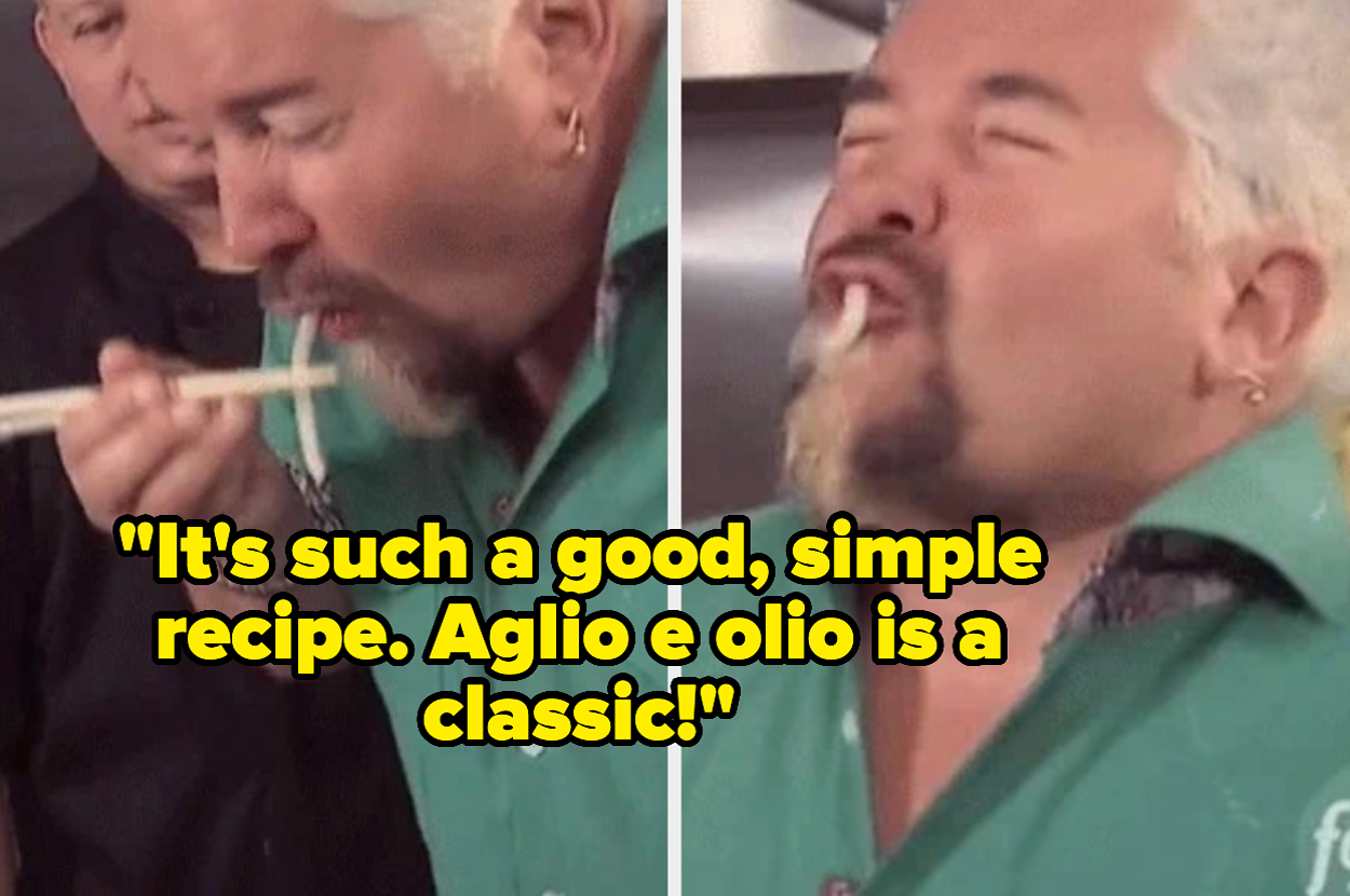 Guy Fieri enjoys a dish using chopsticks. Overlay text reads, "It’s such a good, simple recipe. Aglio e olio is a classic!"