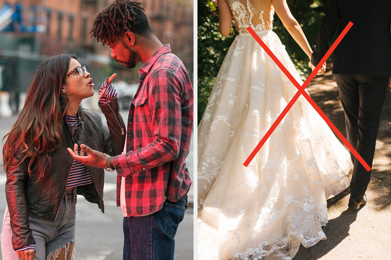 Gina Rodriguez and LaKeith Stanfield arguing on the street and a bride and groom holding hands with a red "X" on the image