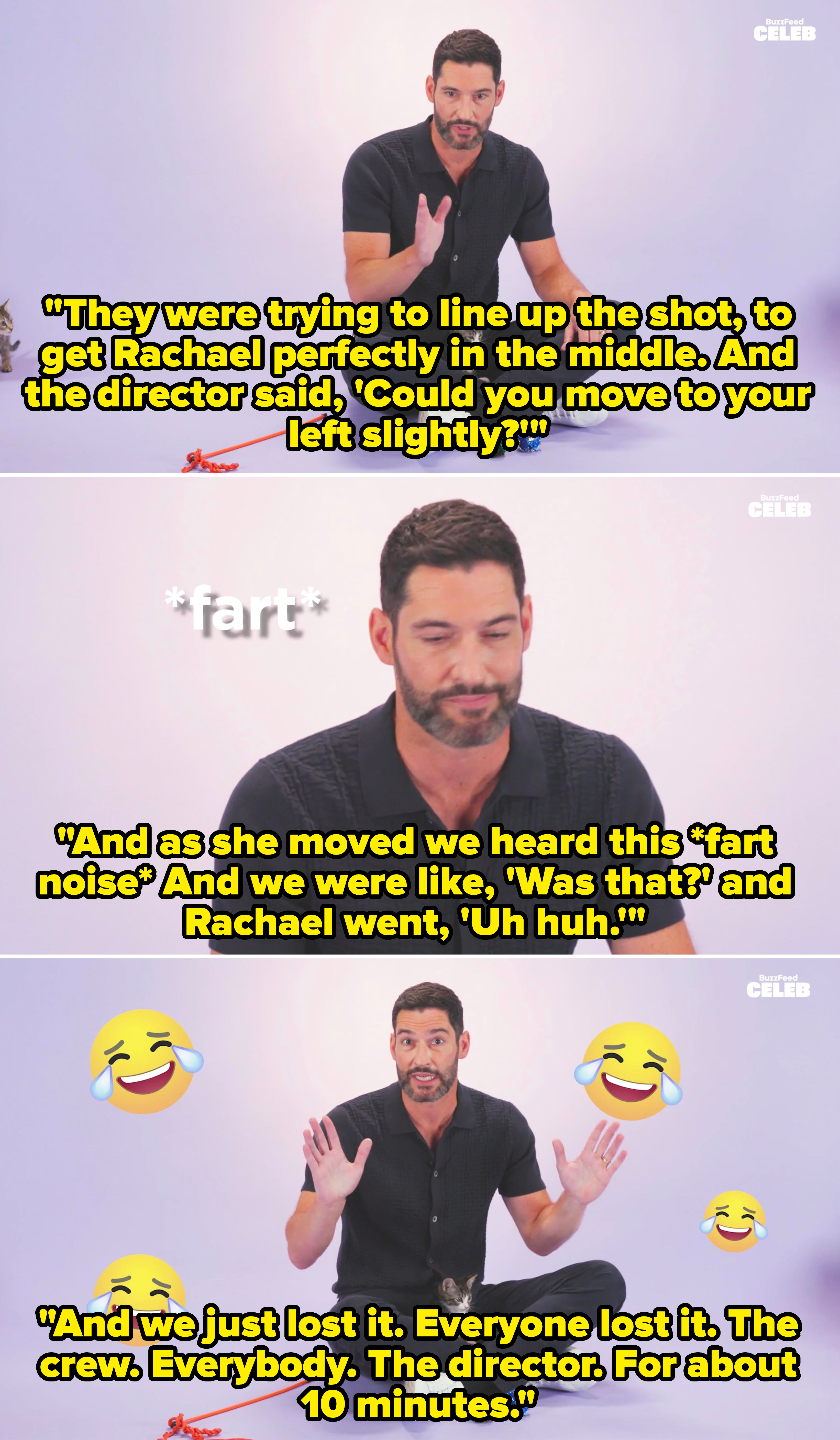 Tom Ellis sitting cross-legged on the floor, playfully interacting with the camera. Emojis and the text "<em>fart</em>" overlay the image