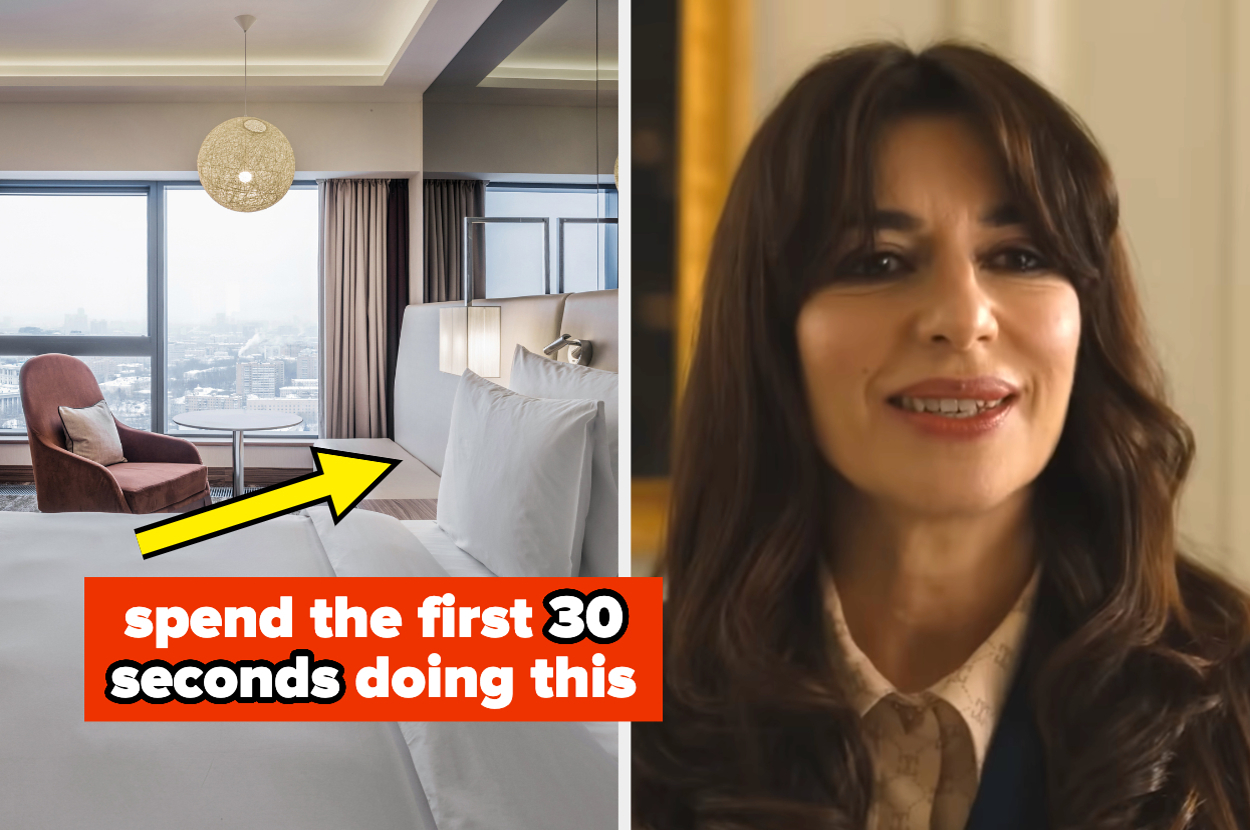 Hotel room with city view on the left and Sabrina Impacciatore from White Lotus on the right; text: "spend the first 30 seconds doing this"
