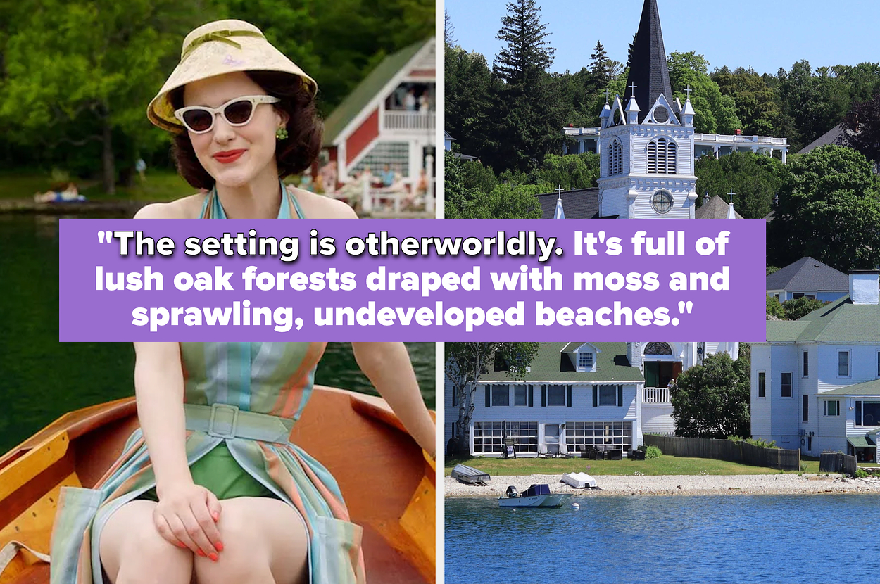 Rachel Brosnahan, dressed in a stylish summer dress and hat, sits in a boat on a lake. Right side shows a scenic view with a white church and nearby houses by the water