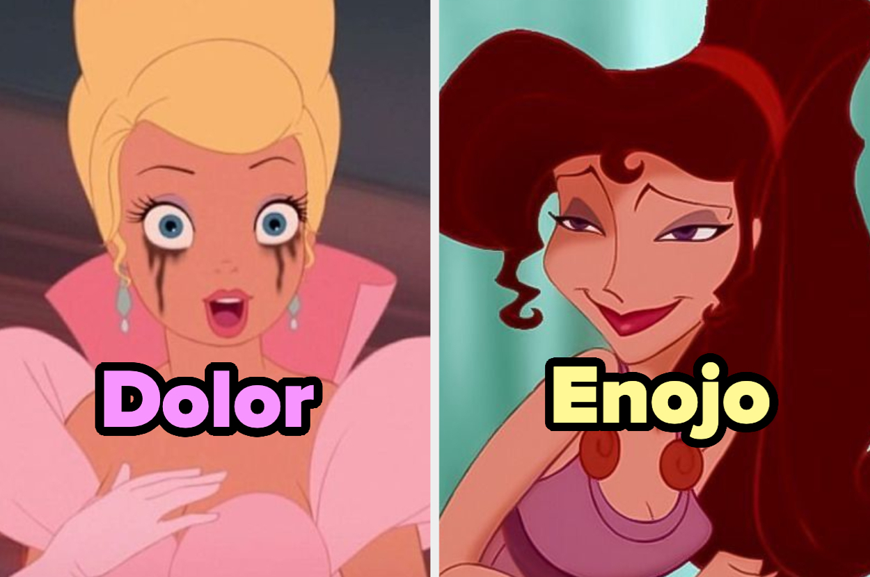 A la izquierda, Cenicienta con lágrimas negras y expresión de dolor; a la derecha, Megara sonriendo con expresión de enojo. Texto: "Dolor" y "Enojo"