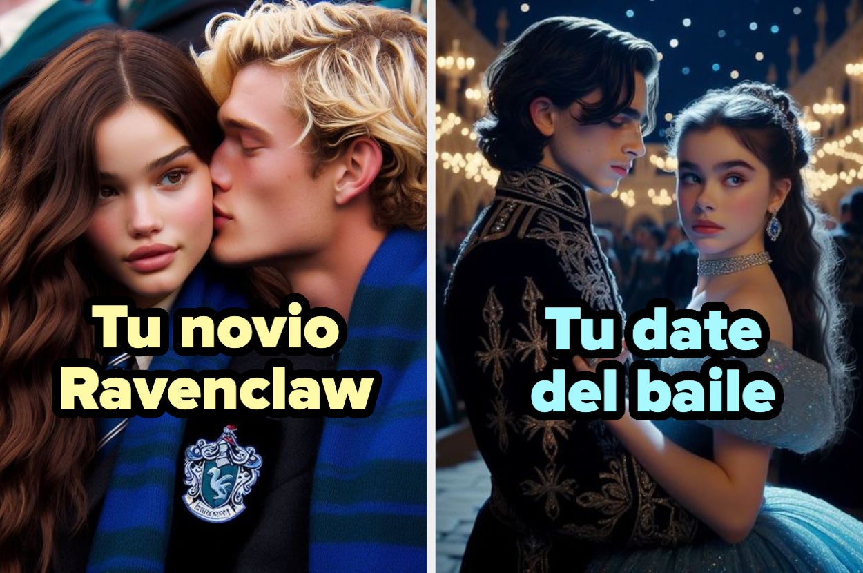 En la imagen se ven dos parejas; a la izquierda, un chico besa en la mejilla a una chica con el texto "Tu novio Ravenclaw", y a la derecha una pareja elegantes con el texto "Tu date del baile"