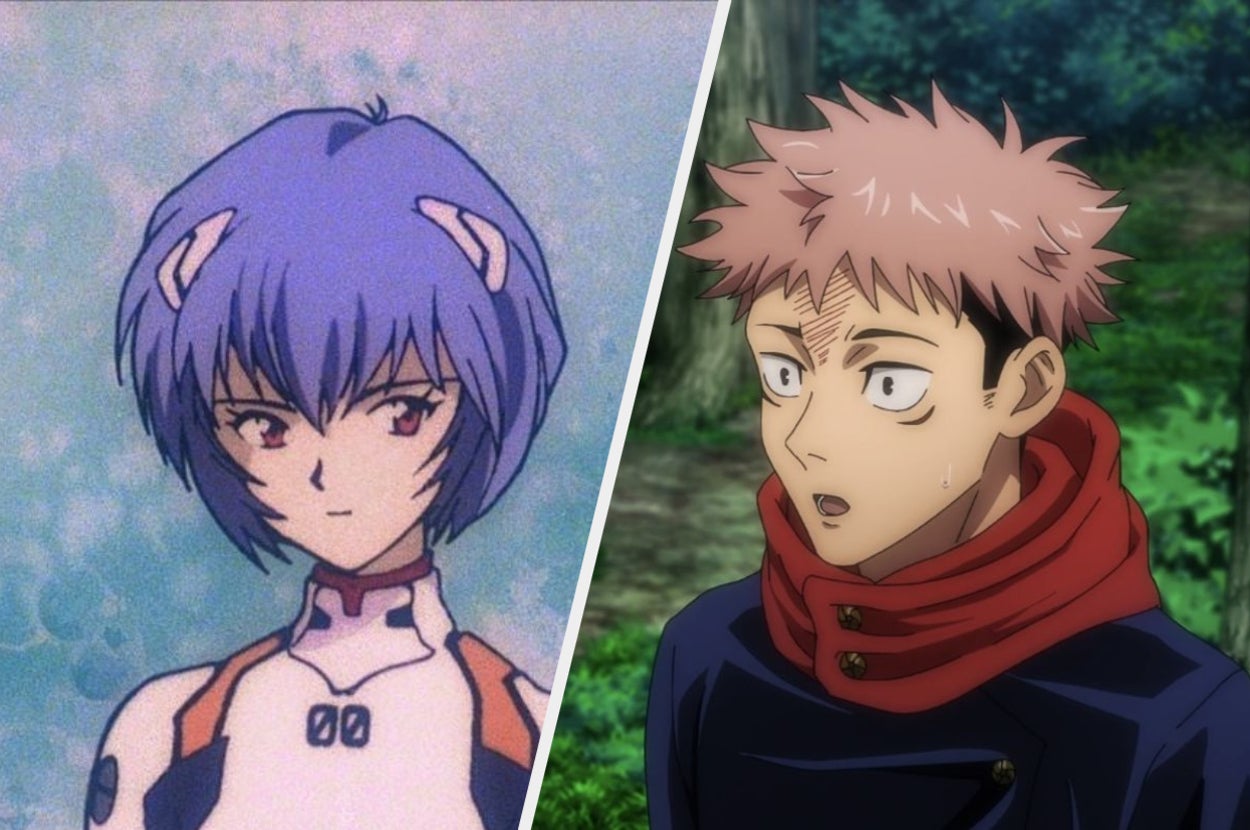 Image features Rei Ayanami from Neon Genesis Evangelion and Yuji Itadori from Jujutsu Kaisen in scene stills from their respective anime series