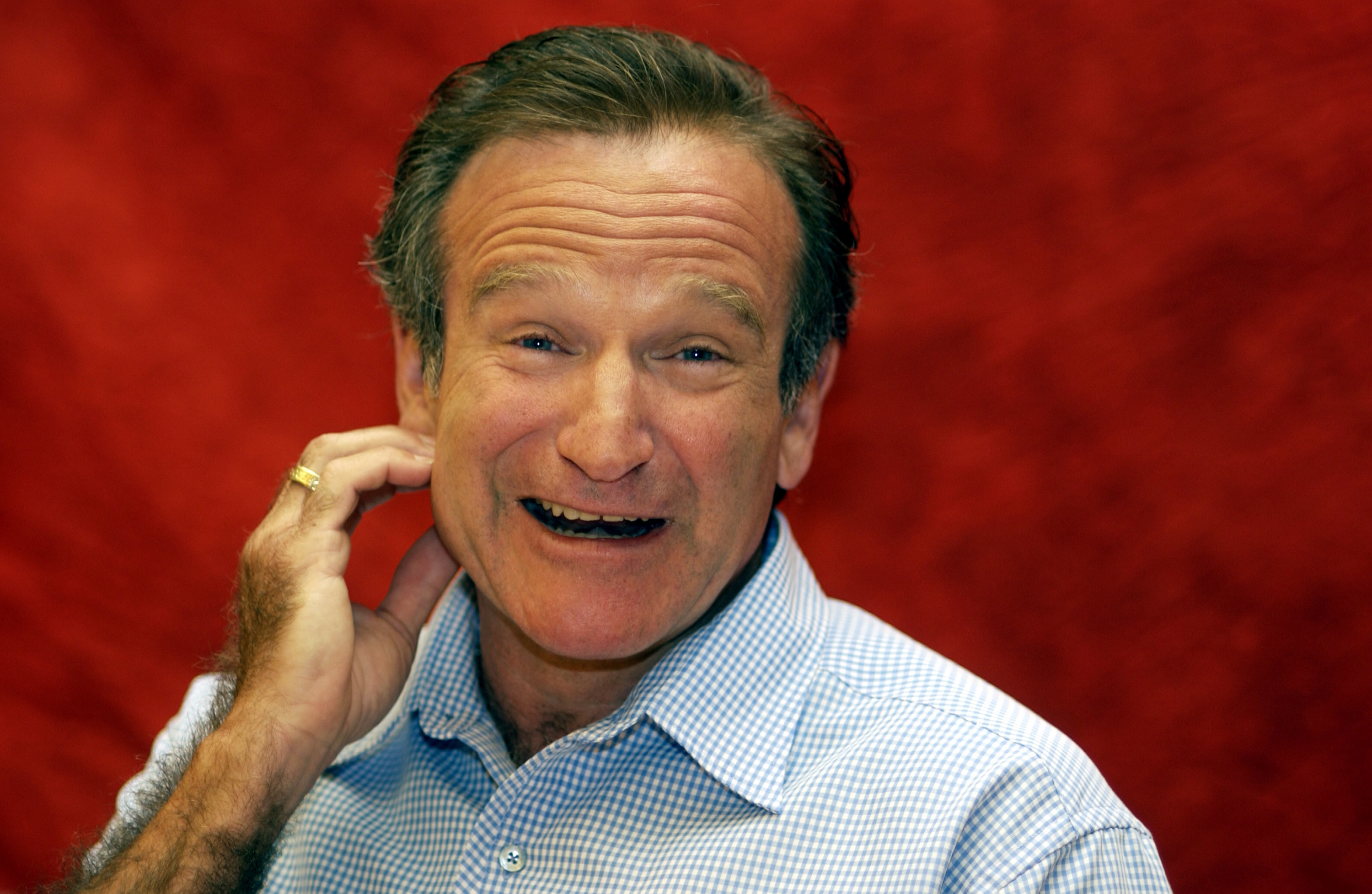 Robin Williams smiling and scratching his neck, wearing a checkered shirt against a plain backdrop