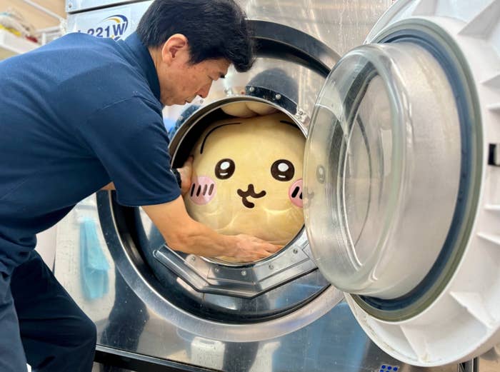 男性が洗濯機の中から大きなぬいぐるみを取り出している。