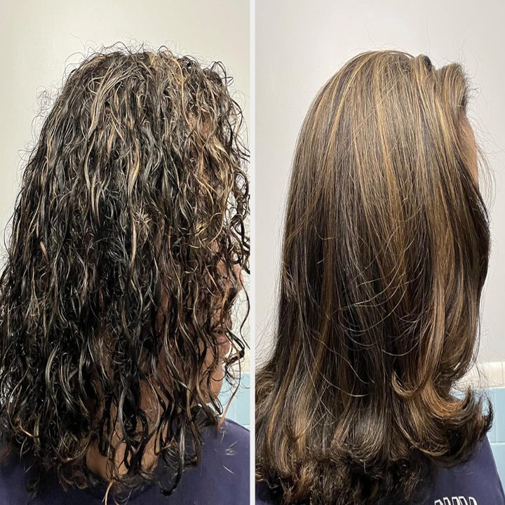 Two side-by-side images show a hair transformation: left, curly and frizzy; right, smooth and straightened
