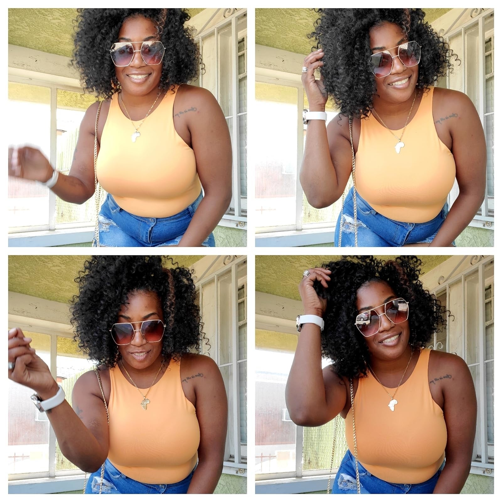 reviewer wearing an orangish  sleeveless  bodysuit and jeans, accessorized with sunglasses and a necklace