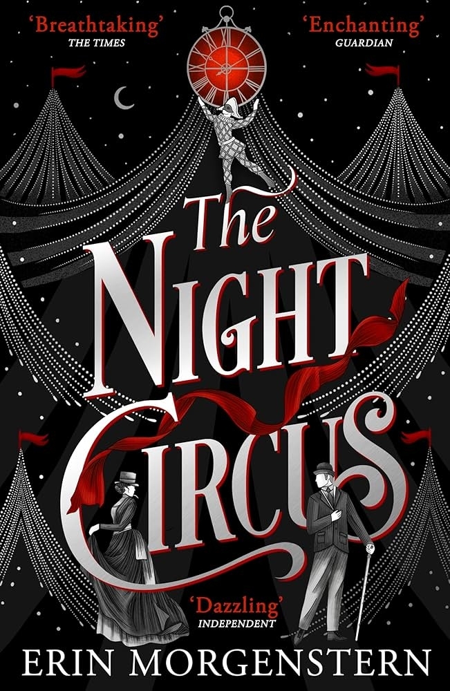 Book cover of "The Night Circus" by Erin Morgenstern, features circus imagery with illustrated figures of a man and woman wearing Victorian-era attire