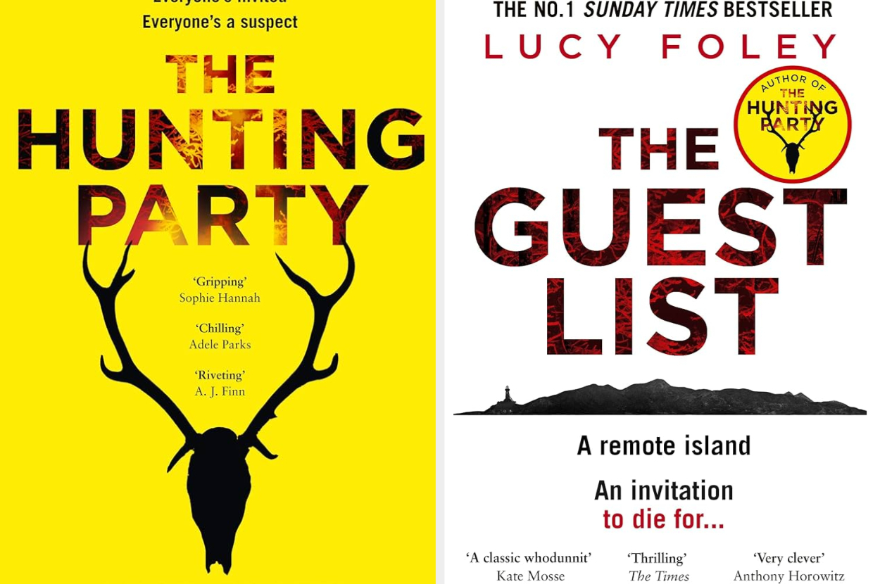 Book covers for "The Hunting Party" by Lucy Foley and "The Guest List" by Lucy Foley. Both covers feature the titles, author’s name, and excerpts from reviews