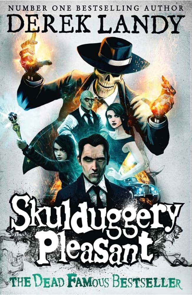 Book cover for "Skulduggery Pleasant" by Derek Landy. Features a skeleton in a hat, two men and two women in dramatic poses with mystical elements