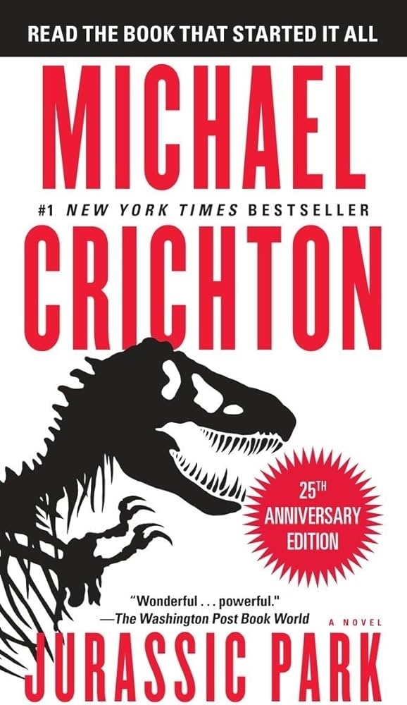Cover of the book "Jurassic Park" by Michael Crichton, featuring a dinosaur silhouette and highlighting the 25th anniversary edition