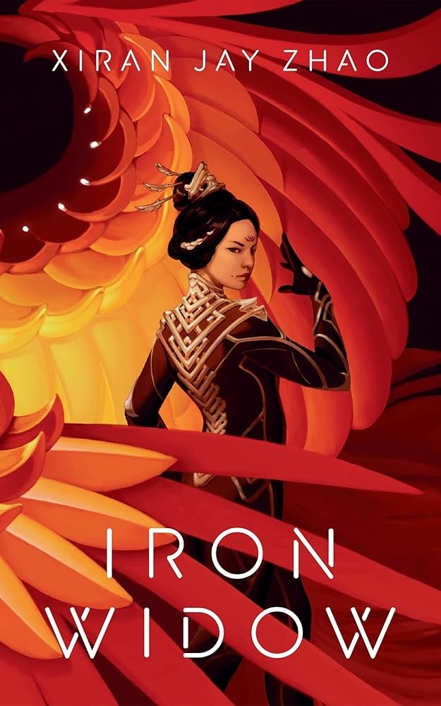 Cover of the book "Iron Widow" by Xiran Jay Zhao, featuring a woman wearing intricate, futuristic attire, framed by large, stylized bird wings