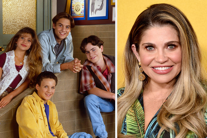 Danielle Fishel is dressed in a stylish outfit. Photo collage also includes Danielle Fishel, Rider Strong, Ben Savage, and Will Friedle from what appears to be a TV show